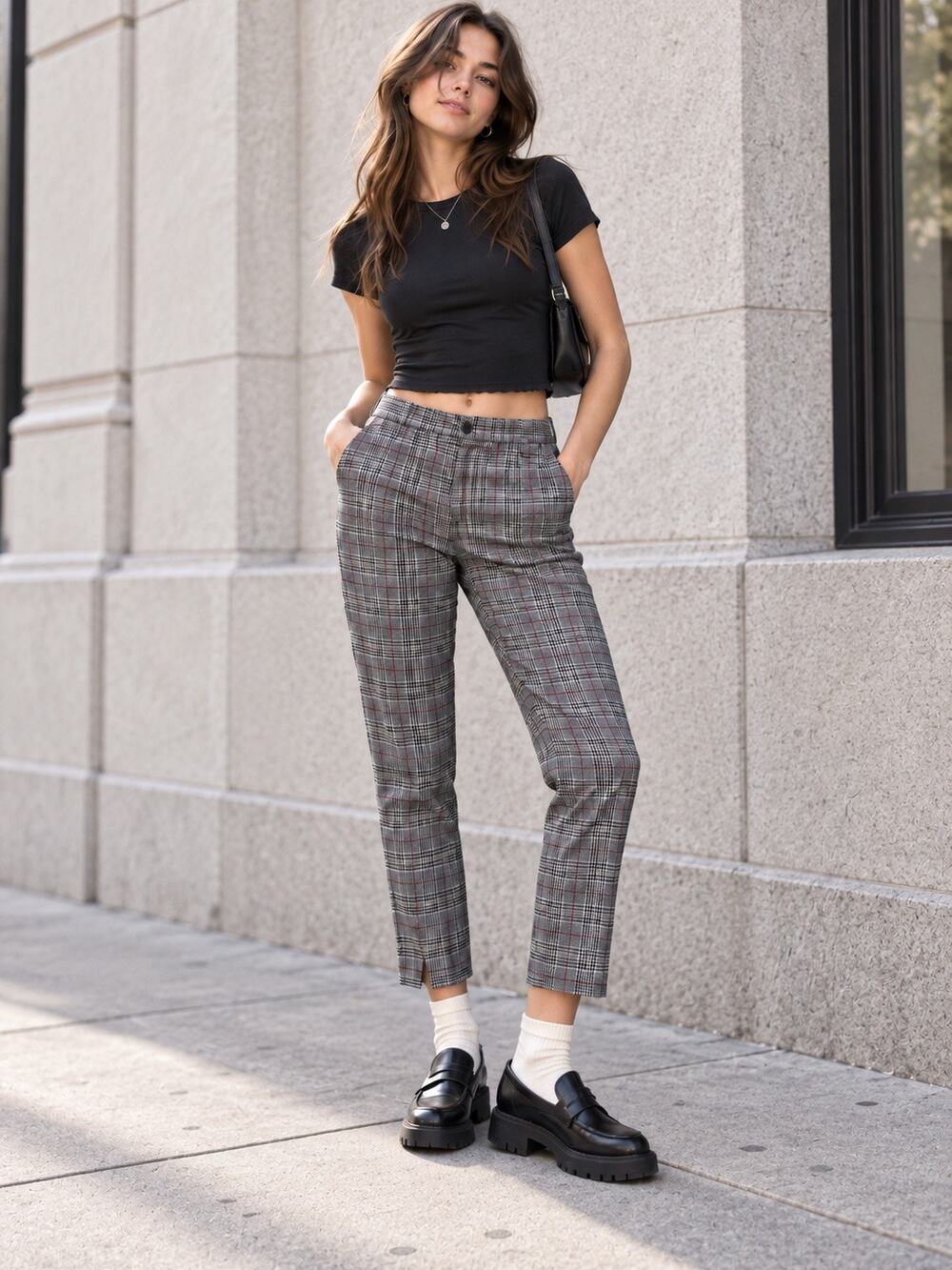 Brandy Melville Plaid Trousers Gray Glen Check Cropped Preppy Dark Academia